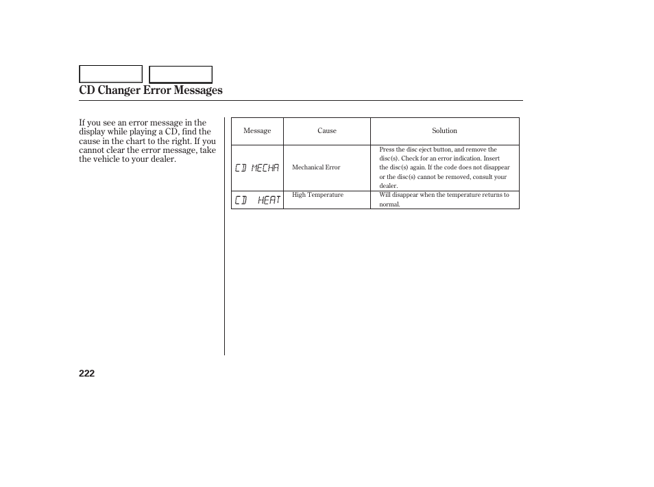 Cd changer error messages | HONDA 2005 Odyssey - Owner's Manual User Manual | Page 223 / 414