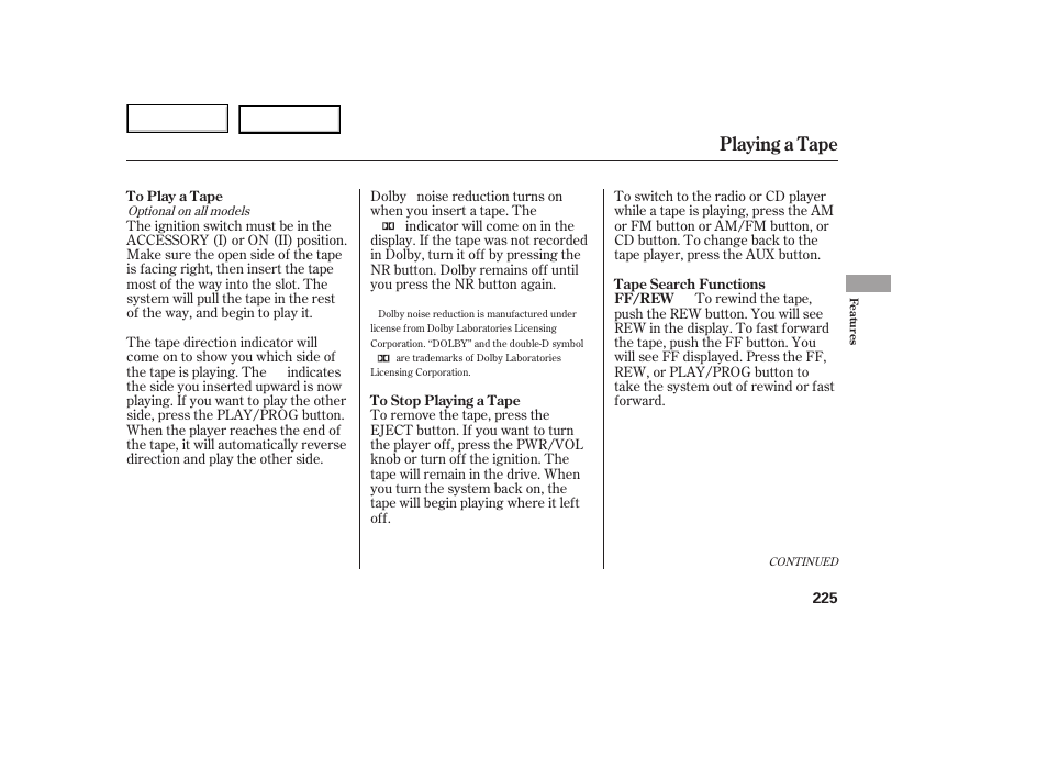 Playing a tape | HONDA 2005 Odyssey - Owner's Manual User Manual | Page 226 / 414