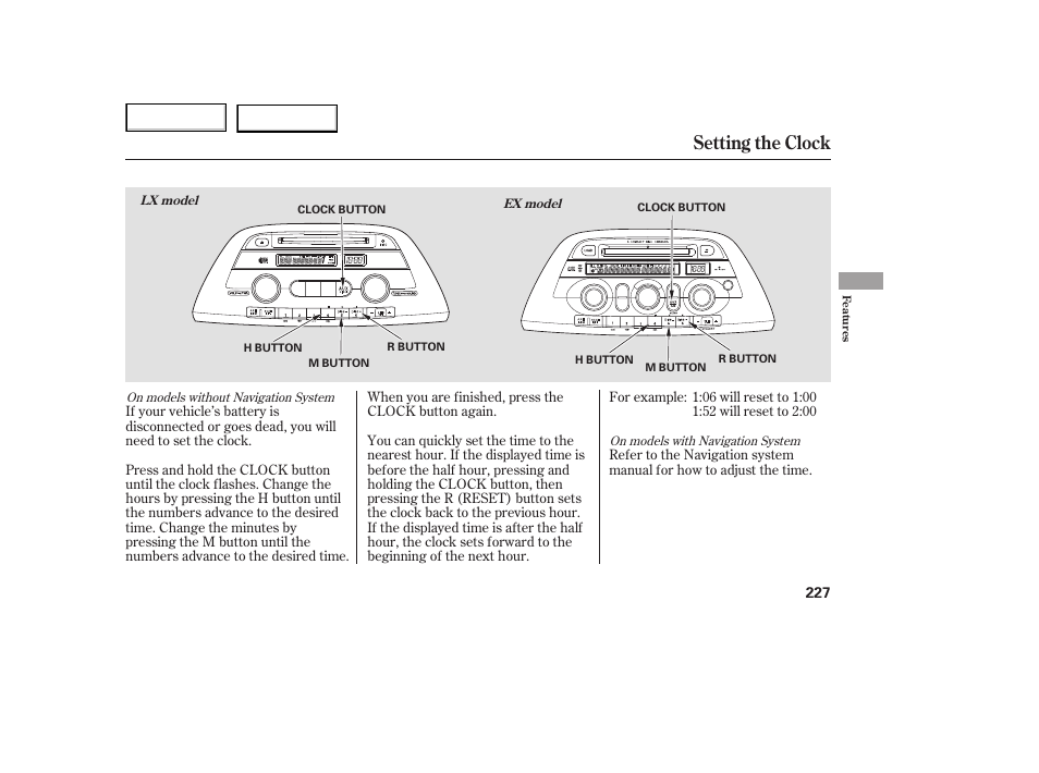 Setting the clock | HONDA 2005 Odyssey - Owner's Manual User Manual | Page 228 / 414