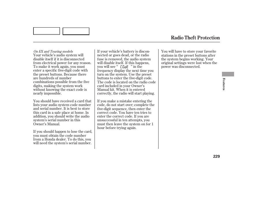 Radio theft protection | HONDA 2005 Odyssey - Owner's Manual User Manual | Page 230 / 414