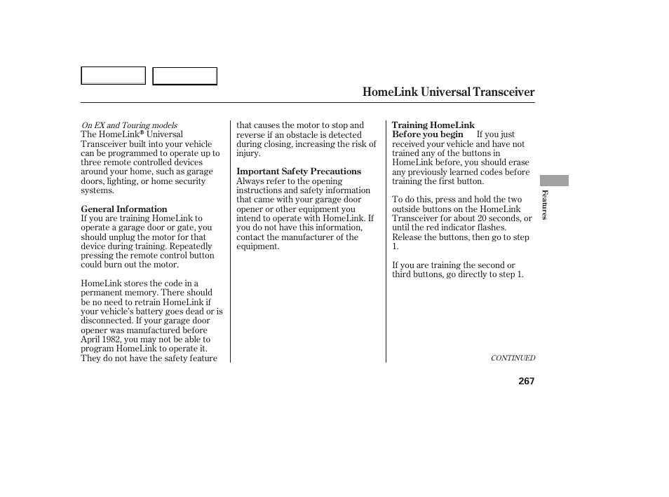 Homelink universal transceiver | HONDA 2005 Odyssey - Owner's Manual User Manual | Page 268 / 414