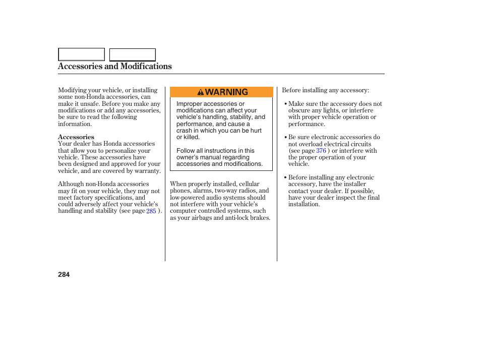 Accessories and modifications | HONDA 2005 Odyssey - Owner's Manual User Manual | Page 285 / 414