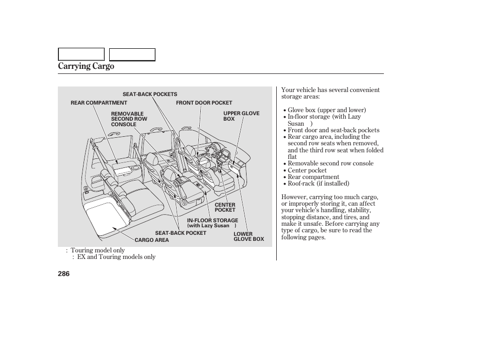 Carrying cargo | HONDA 2005 Odyssey - Owner's Manual User Manual | Page 287 / 414