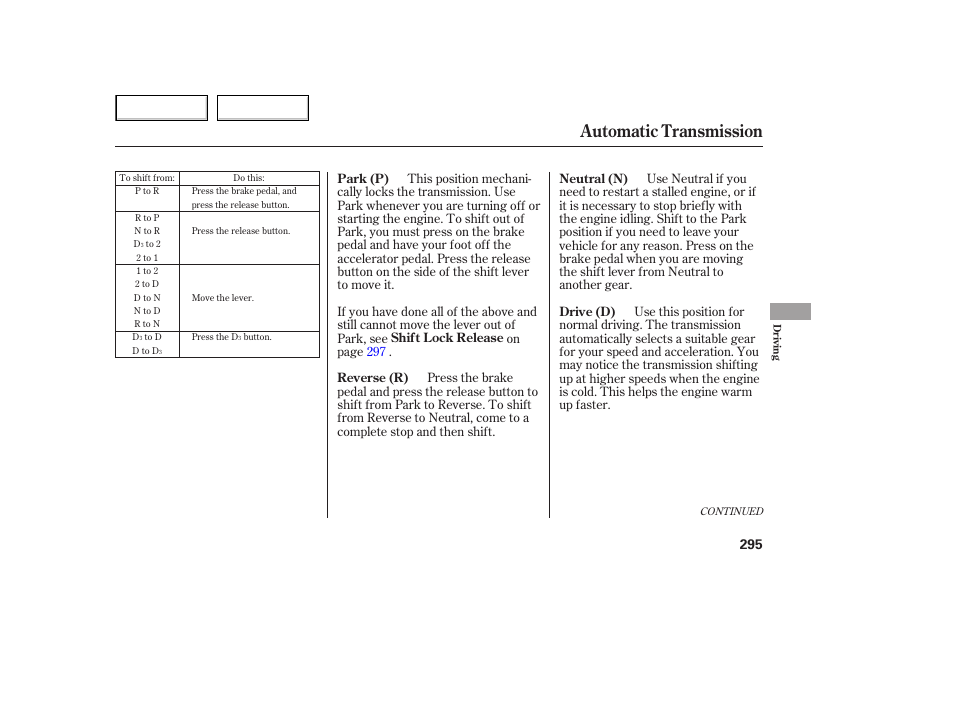 Automatic transmission | HONDA 2005 Odyssey - Owner's Manual User Manual | Page 296 / 414