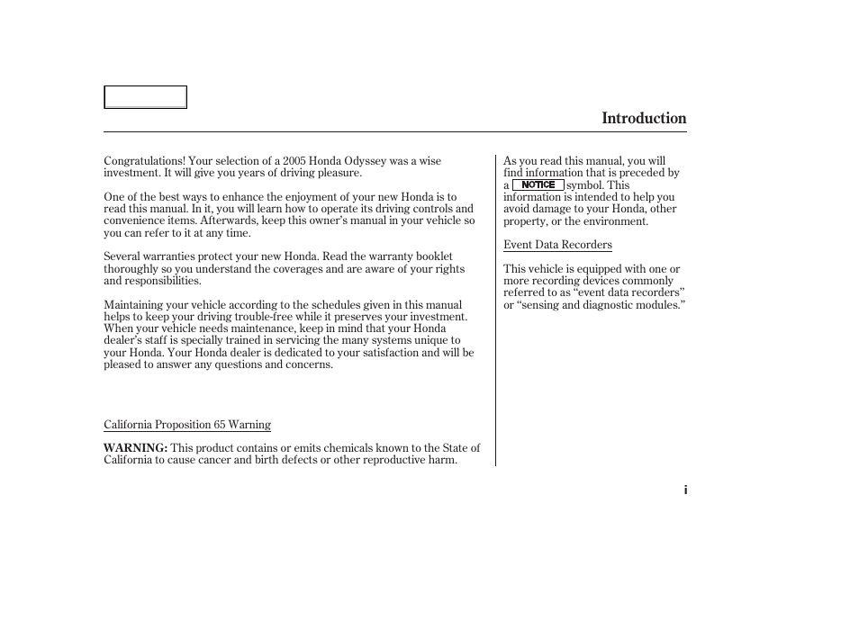 Introduction | HONDA 2005 Odyssey - Owner's Manual User Manual | Page 3 / 414