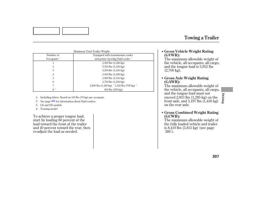 Towing a trailer | HONDA 2005 Odyssey - Owner's Manual User Manual | Page 308 / 414