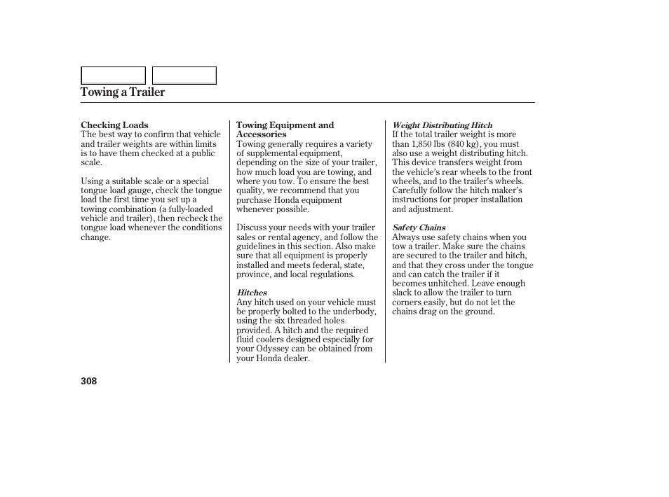 Towing a trailer | HONDA 2005 Odyssey - Owner's Manual User Manual | Page 309 / 414