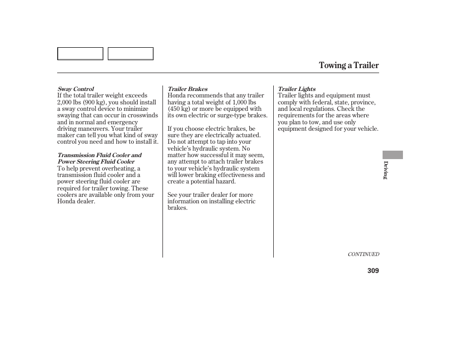 Towing a trailer | HONDA 2005 Odyssey - Owner's Manual User Manual | Page 310 / 414