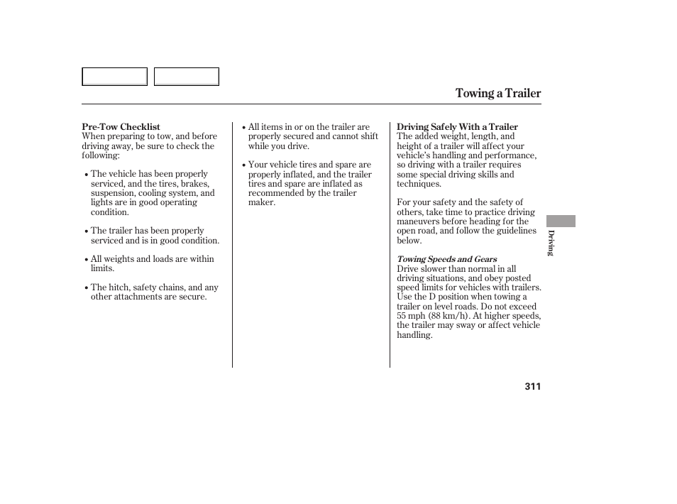 Towing a trailer | HONDA 2005 Odyssey - Owner's Manual User Manual | Page 312 / 414