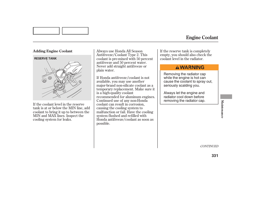 Engine coolant | HONDA 2005 Odyssey - Owner's Manual User Manual | Page 332 / 414