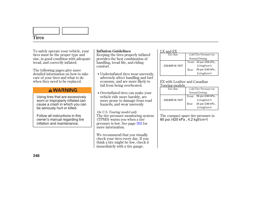 Tires | HONDA 2005 Odyssey - Owner's Manual User Manual | Page 347 / 414