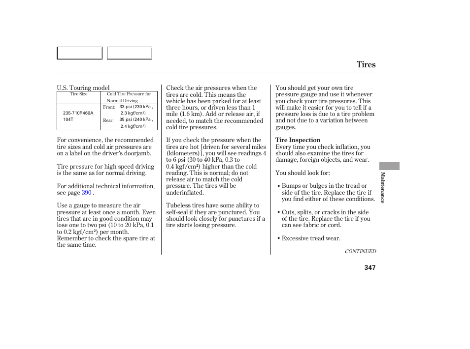 Tires | HONDA 2005 Odyssey - Owner's Manual User Manual | Page 348 / 414