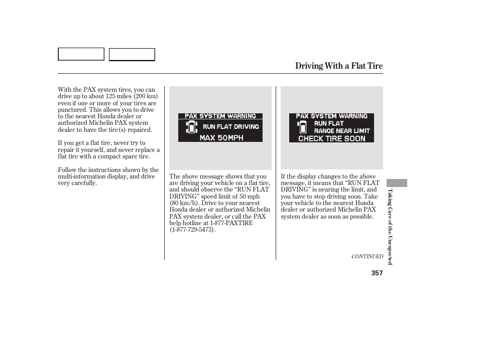 Driving with a flat tire | HONDA 2005 Odyssey - Owner's Manual User Manual | Page 358 / 414