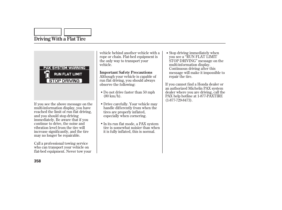 Driving with a flat tire | HONDA 2005 Odyssey - Owner's Manual User Manual | Page 359 / 414