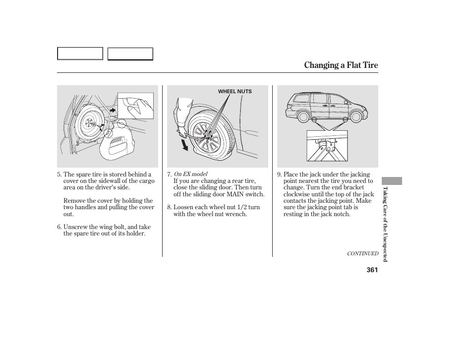 Changing a flat tire | HONDA 2005 Odyssey - Owner's Manual User Manual | Page 362 / 414