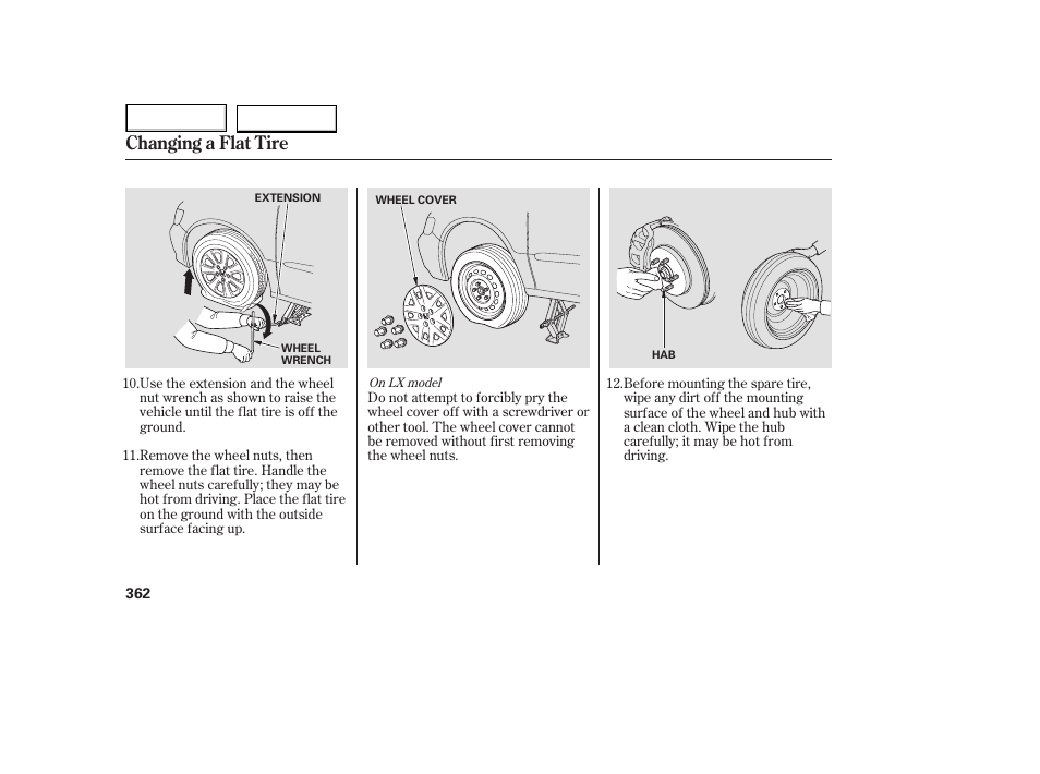 Changing a flat tire | HONDA 2005 Odyssey - Owner's Manual User Manual | Page 363 / 414