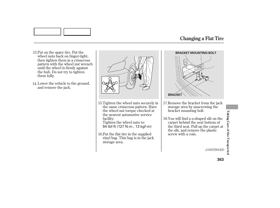 Changing a flat tire | HONDA 2005 Odyssey - Owner's Manual User Manual | Page 364 / 414