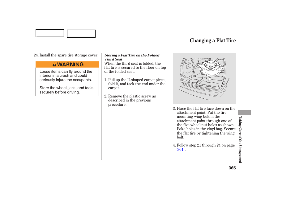 Changing a flat tire | HONDA 2005 Odyssey - Owner's Manual User Manual | Page 366 / 414