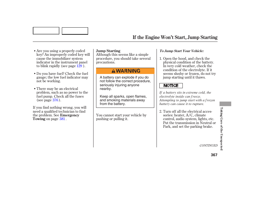 If the engine won’t start, jump starting | HONDA 2005 Odyssey - Owner's Manual User Manual | Page 368 / 414