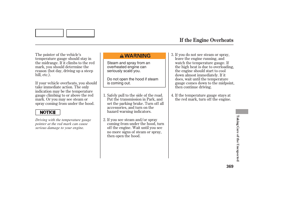 If the engine overheats | HONDA 2005 Odyssey - Owner's Manual User Manual | Page 370 / 414