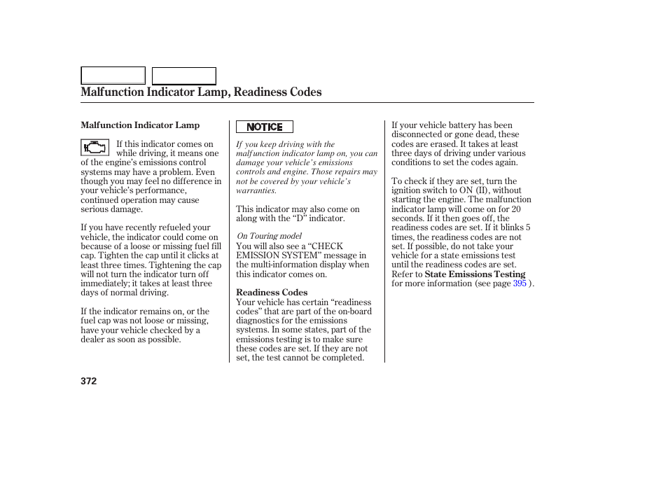 Malfunction indicator lamp, readiness codes | HONDA 2005 Odyssey - Owner's Manual User Manual | Page 373 / 414