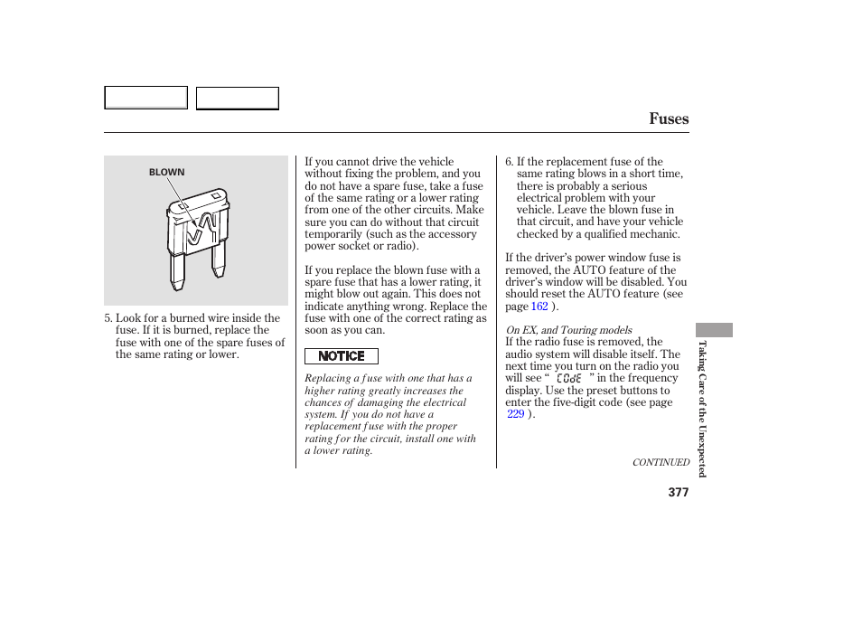 Fuses | HONDA 2005 Odyssey - Owner's Manual User Manual | Page 378 / 414