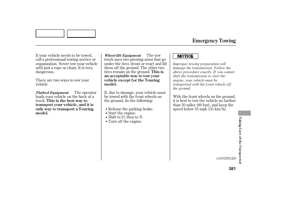 Emergency towing | HONDA 2005 Odyssey - Owner's Manual User Manual | Page 382 / 414