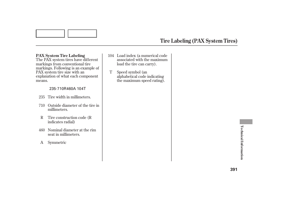 Tire labeling (pax system tires) | HONDA 2005 Odyssey - Owner's Manual User Manual | Page 392 / 414