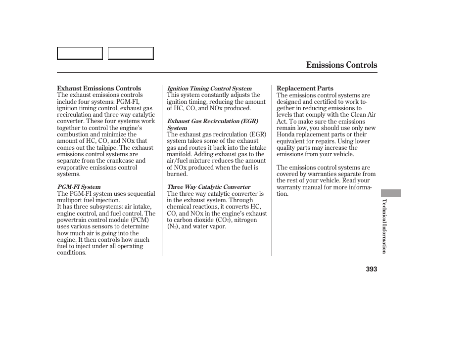 Emissions controls | HONDA 2005 Odyssey - Owner's Manual User Manual | Page 394 / 414