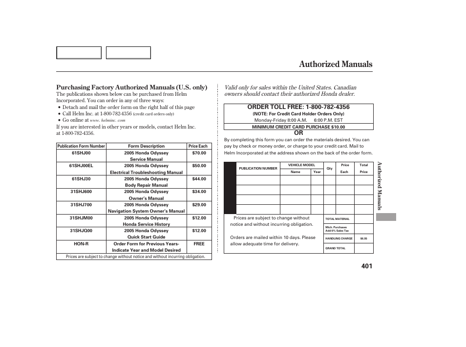 Authorized manuals | HONDA 2005 Odyssey - Owner's Manual User Manual | Page 402 / 414