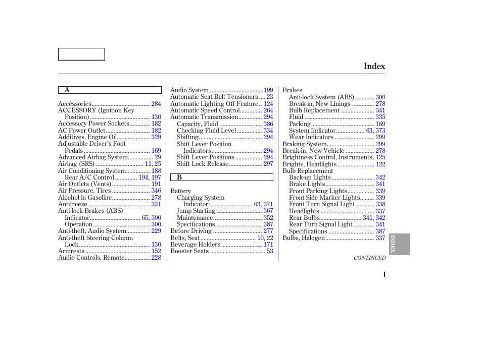 Index | HONDA 2005 Odyssey - Owner's Manual User Manual | Page 404 / 414