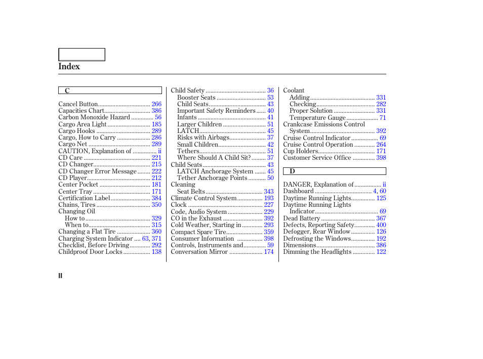 Index | HONDA 2005 Odyssey - Owner's Manual User Manual | Page 405 / 414