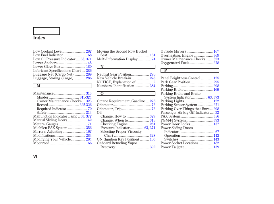 Index | HONDA 2005 Odyssey - Owner's Manual User Manual | Page 409 / 414