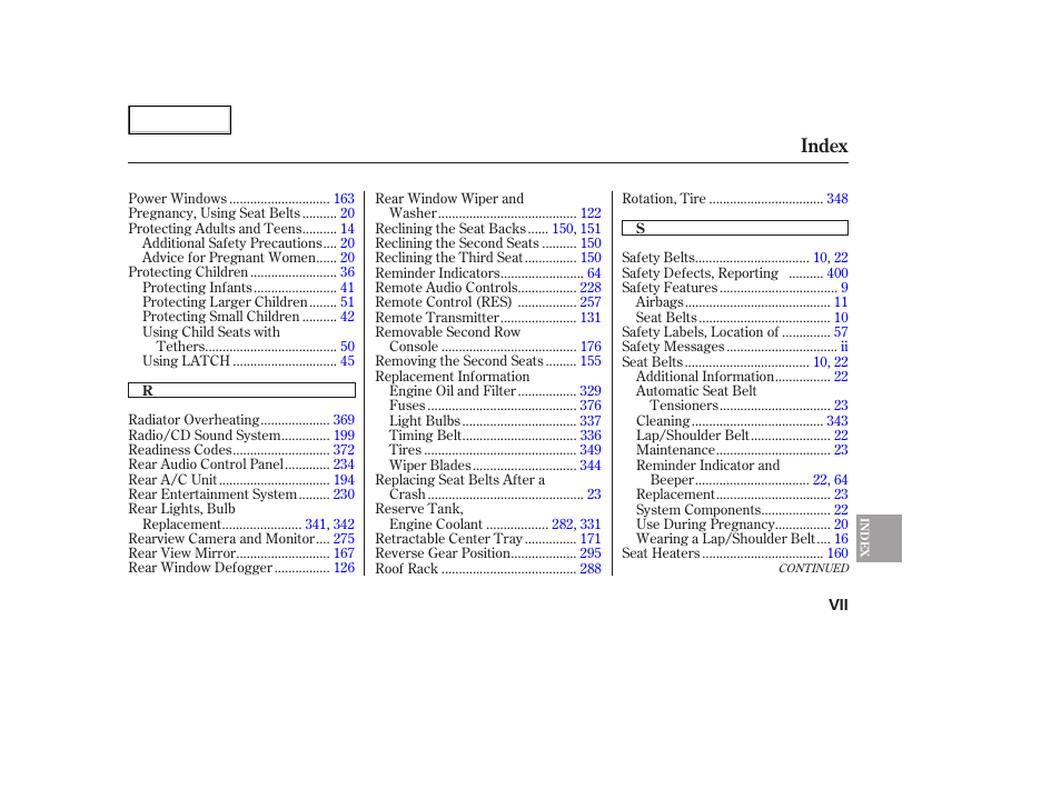 Index | HONDA 2005 Odyssey - Owner's Manual User Manual | Page 410 / 414