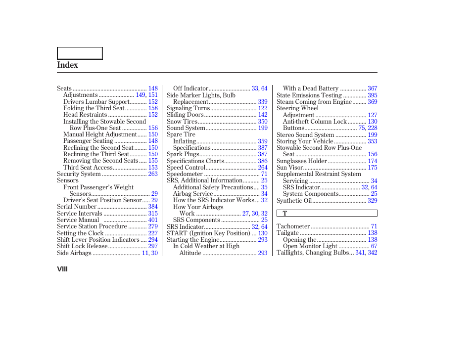 Index | HONDA 2005 Odyssey - Owner's Manual User Manual | Page 411 / 414