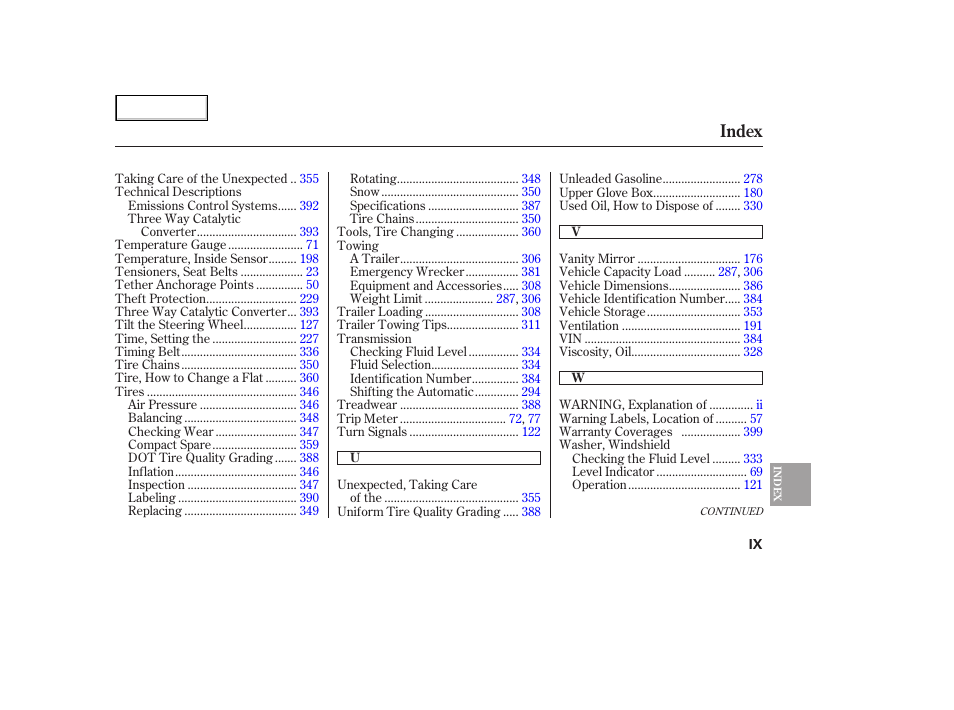 Index | HONDA 2005 Odyssey - Owner's Manual User Manual | Page 412 / 414