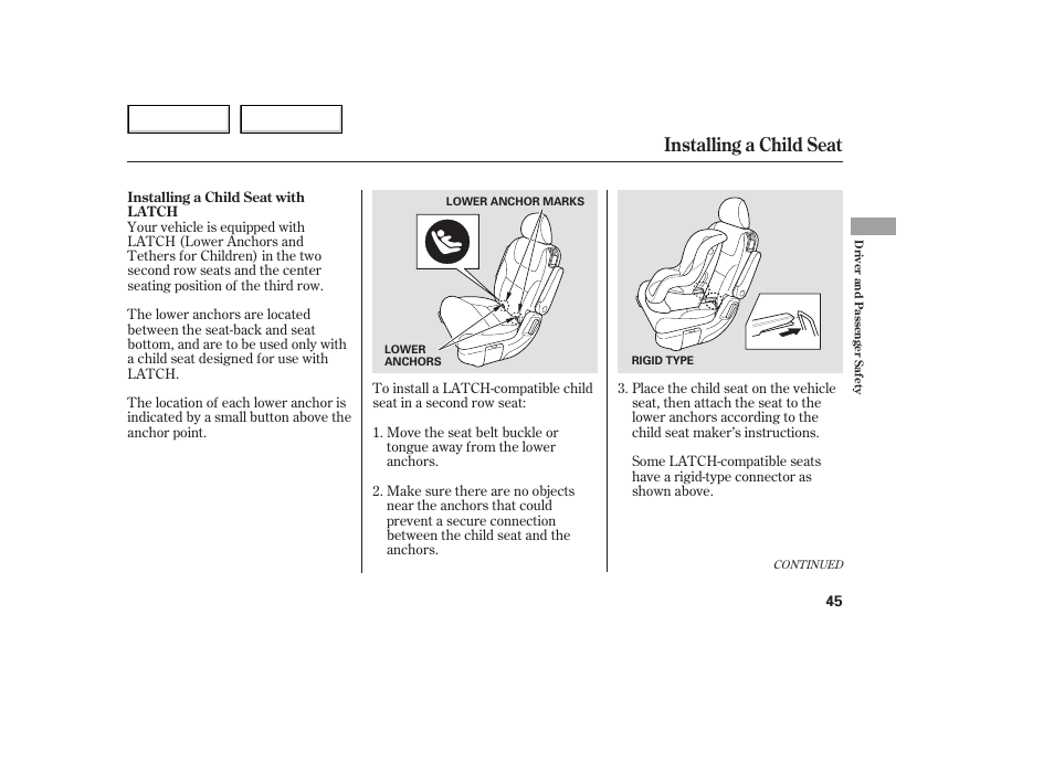 Installing a child seat | HONDA 2005 Odyssey - Owner's Manual User Manual | Page 46 / 414