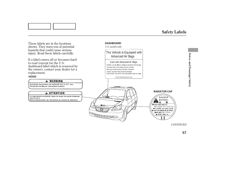 Safety labels | HONDA 2005 Odyssey - Owner's Manual User Manual | Page 58 / 414