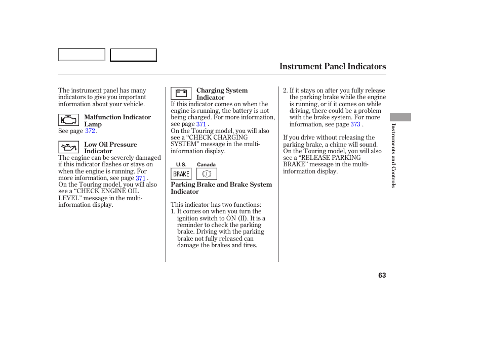 Instrument panel indicators | HONDA 2005 Odyssey - Owner's Manual User Manual | Page 64 / 414