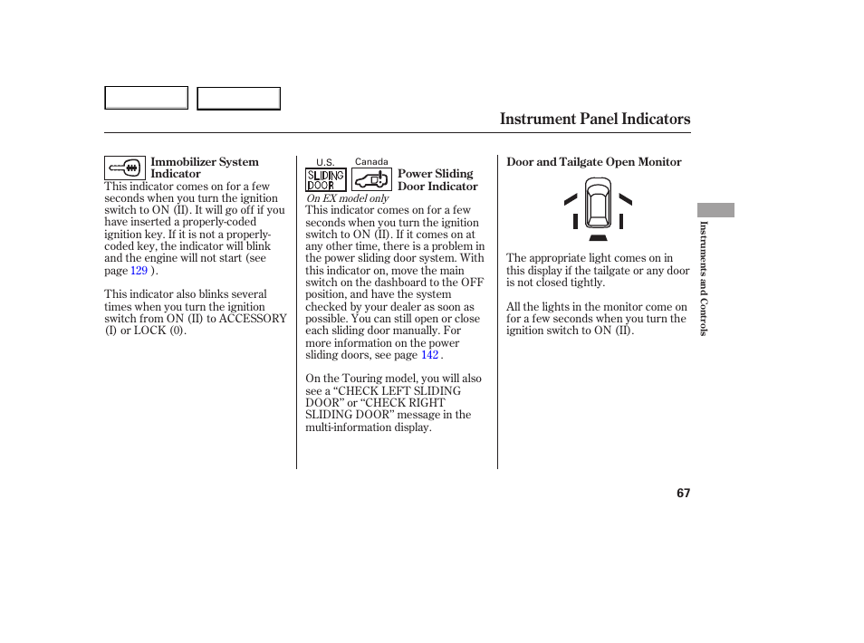 Instrument panel indicators | HONDA 2005 Odyssey - Owner's Manual User Manual | Page 68 / 414