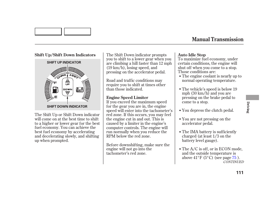 Manual transmission | HONDA 2005 Insight  - Owner's Manual User Manual | Page 112 / 218