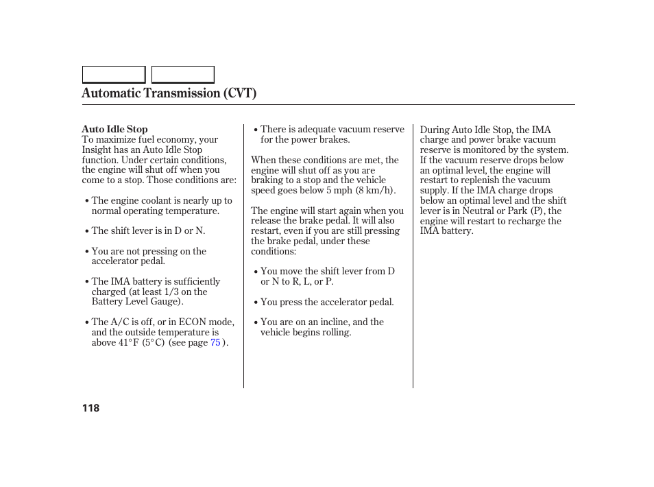 Automatic transmission (cvt) | HONDA 2005 Insight  - Owner's Manual User Manual | Page 119 / 218