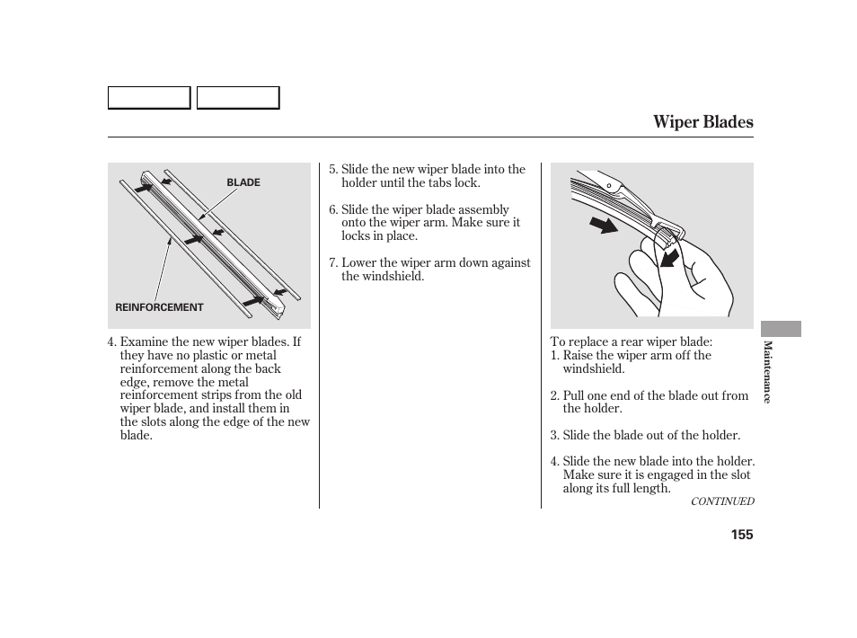 Wiper blades | HONDA 2005 Insight  - Owner's Manual User Manual | Page 156 / 218