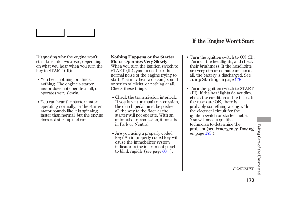 If the engine won’t start | HONDA 2005 Insight  - Owner's Manual User Manual | Page 174 / 218