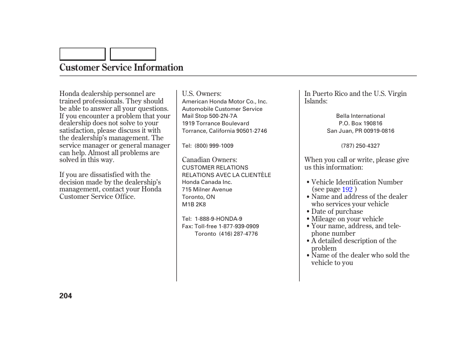 Customer service information | HONDA 2005 Insight  - Owner's Manual User Manual | Page 205 / 218