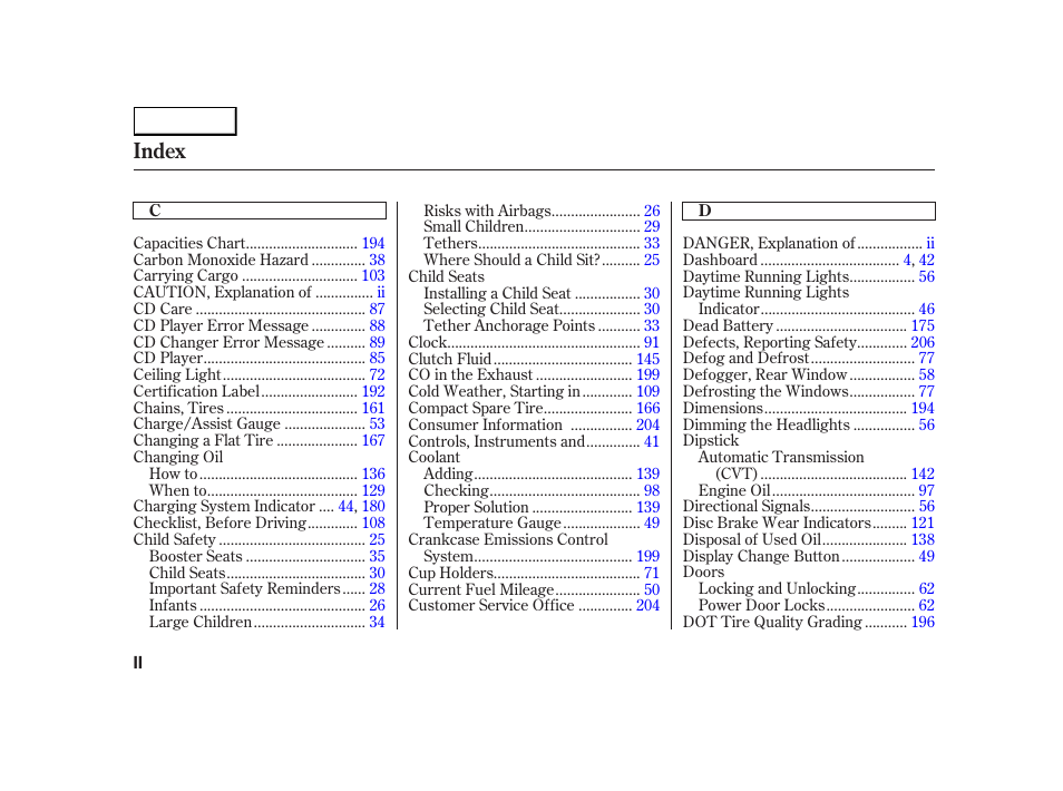 Index | HONDA 2005 Insight  - Owner's Manual User Manual | Page 211 / 218