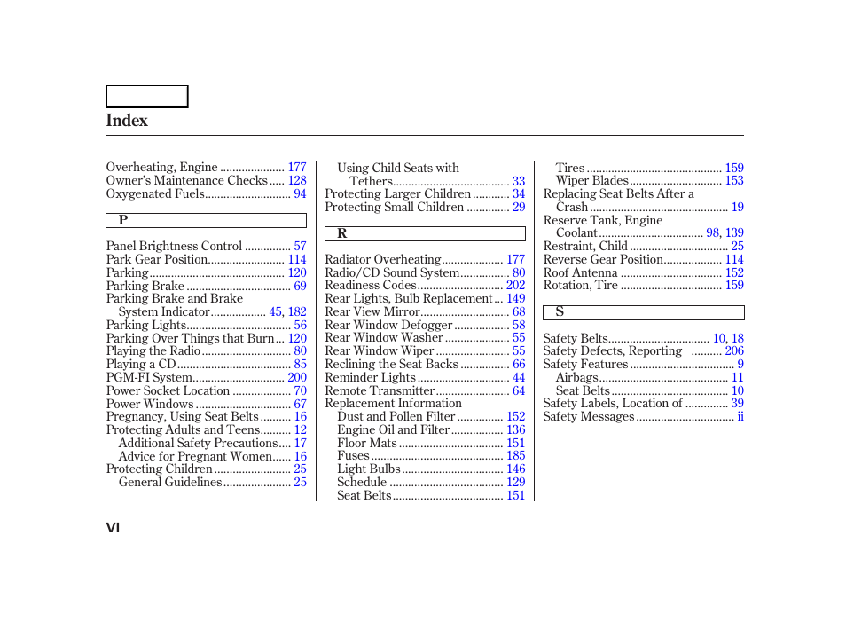 Index | HONDA 2005 Insight  - Owner's Manual User Manual | Page 215 / 218