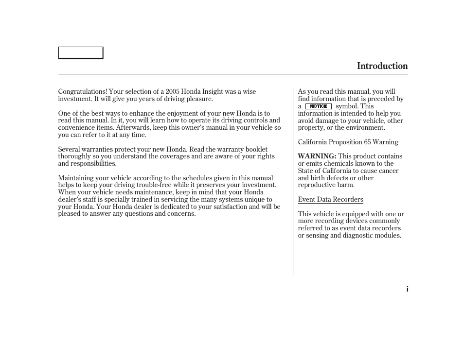 Introduction | HONDA 2005 Insight  - Owner's Manual User Manual | Page 3 / 218