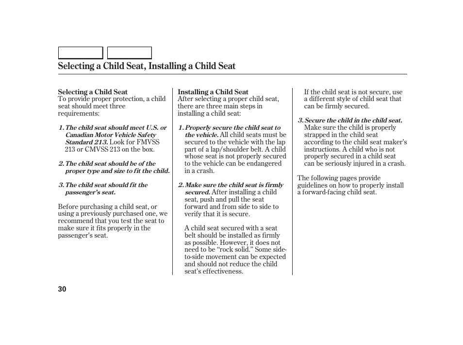 Selecting a child seat, installing a child seat | HONDA 2005 Insight  - Owner's Manual User Manual | Page 31 / 218
