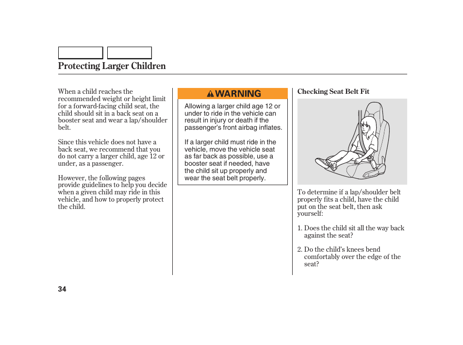 Protecting larger children | HONDA 2005 Insight  - Owner's Manual User Manual | Page 35 / 218